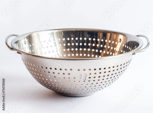 A polished stainless steel colander with perforated holes and handles, isolated on a white background.