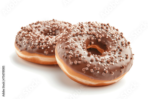 A close-up image showcasing pair of delicious glazed donuts, each with a different topping, arranged aesthetically against a white background. © Sviatlana