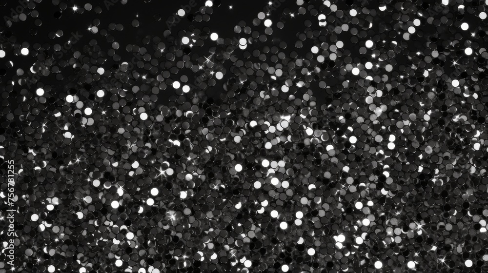 Black glitter sparkles on a black background. Isolated on a black background.