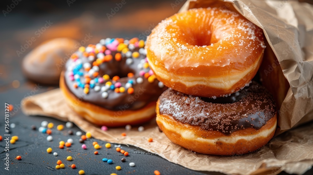 a pile of doughnuts sitting on top of a piece of wax paper covered in sprinkles. a pile of doughnuts sitting on top of a piece of wax paper covered in sprinkles.