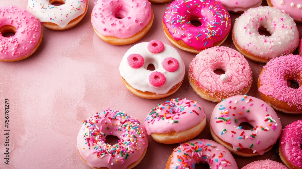 a bunch of doughnuts with pink frosting and sprinkles on a pink tablecloth with a pink background.