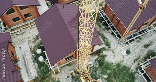 Construction industial site of houses built from wooden logs, aerial view photo