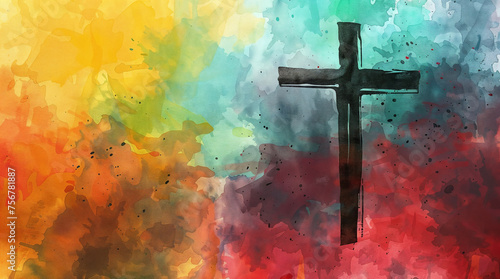 Christian cross on colorful watercolor style painting, copyspace background, christianity concept hd photo