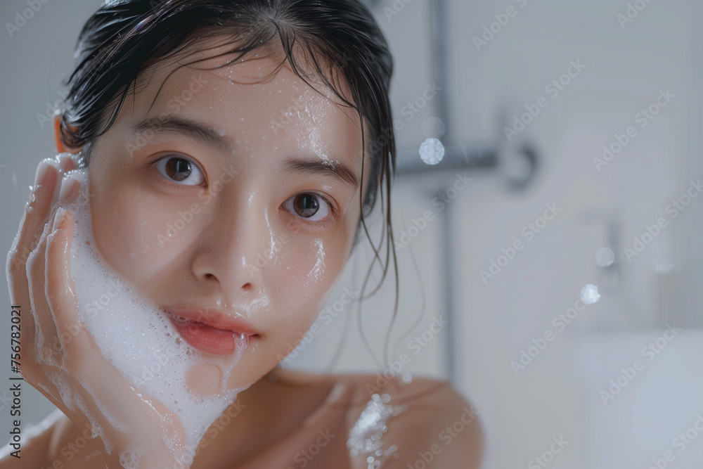 Asian pretty woman with clean skin washes, white bathroom background Asian pretty woman with clean skin washes, white bathroom background