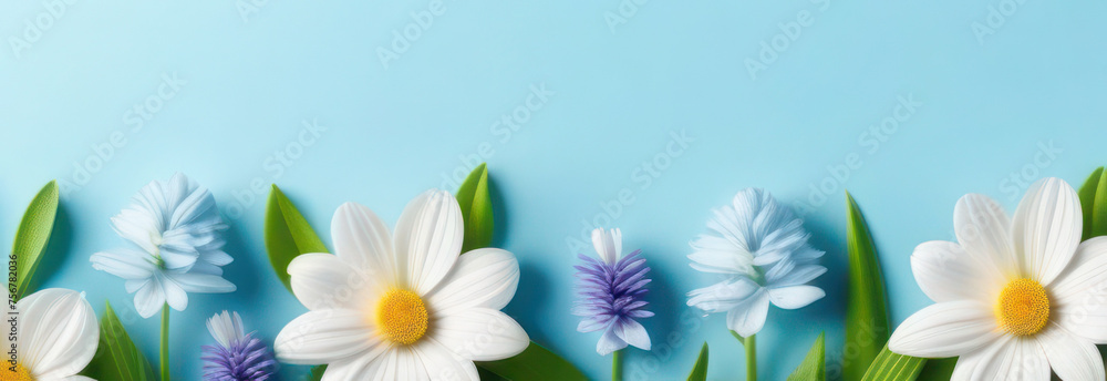 Naklejka premium banner with spring flowers in delicate pastel colors, blue, white, green and yellow. Space for text, 2/3 free background.