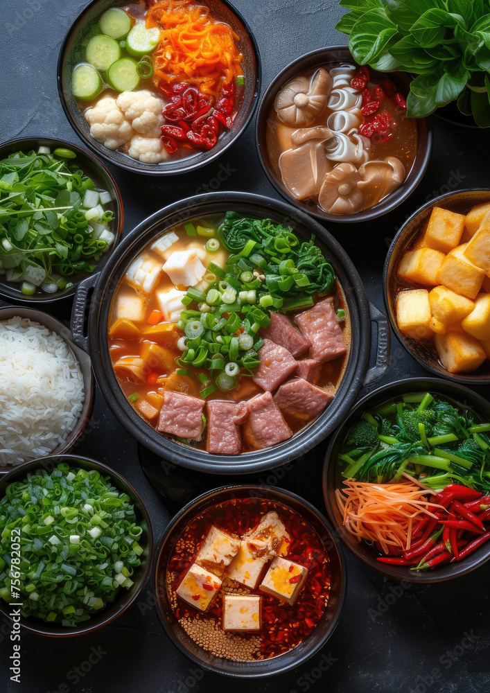 Chinese hotpot with broth, meat, vegetables in bowls, top view, traditional food, national dish, Asian cuisine, China, greens, plates, delicious Chinese hotpot with broth, meat, vegetables in bowls, top view, traditional food, national dish, Asian cuisine, China, greens, plates, delicious