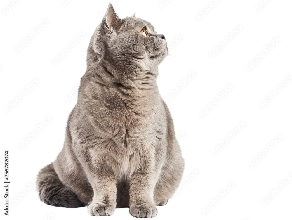 Fototapeta premium british short hair cat looking up, closeup sideview portrait isolated on transparent background