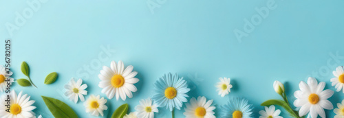 banner with spring flowers in delicate pastel colors, blue, white, green and yellow. Space for text, 2/3 free background. © Павел Чепелев