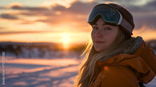 Closeup of the beautiful young woman wearing a jacket, skiing or snowboarding googles and equipment, standing on the snowy trail during the cold winter season day outdoors, smiling during the sunset © Nemanja