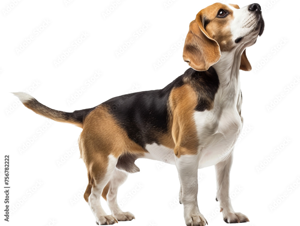 beagle looking up, closeup sideview portrait cutout isolated on transparent background