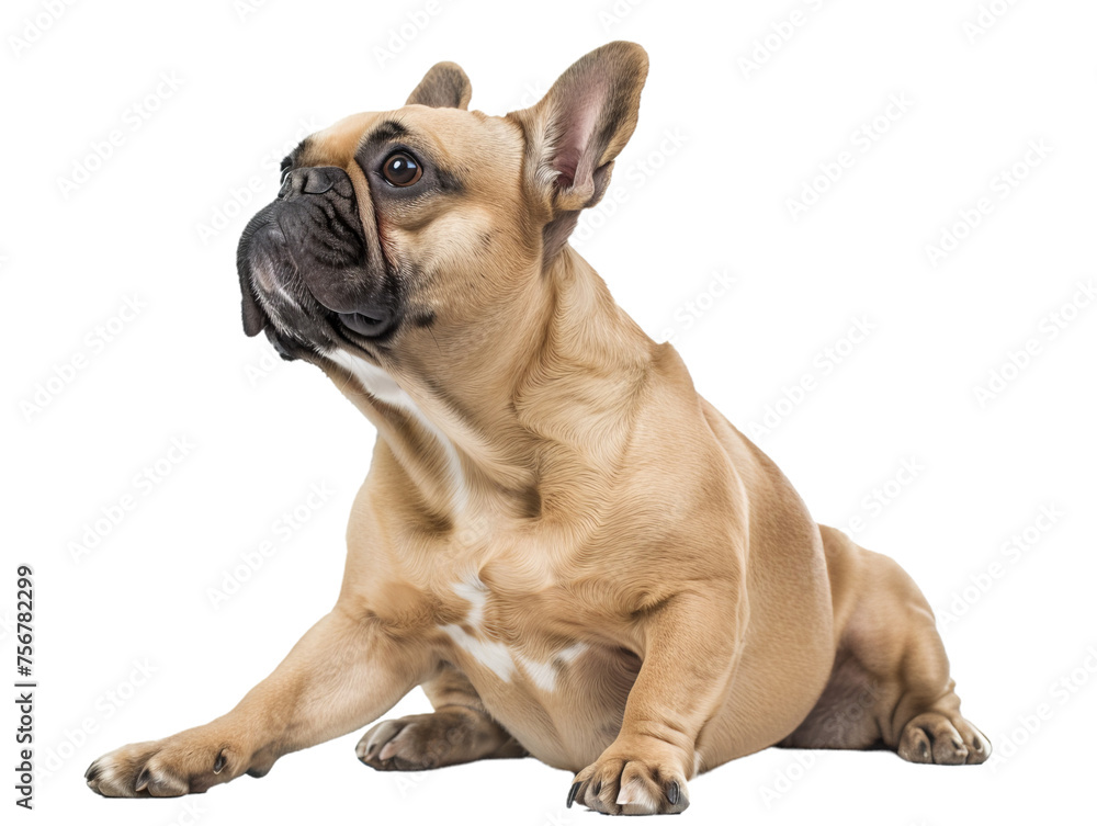 french bulldog looking up, closeup cutout sideview portrait isolated on transparent background