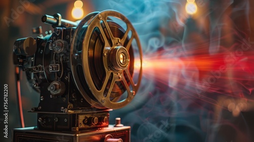 Vintage film projector casting a warm glow, capturing the nostalgia of classic cinema.