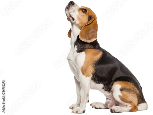 beagle looking up, closeup sideview portrait cutout isolated on transparent background