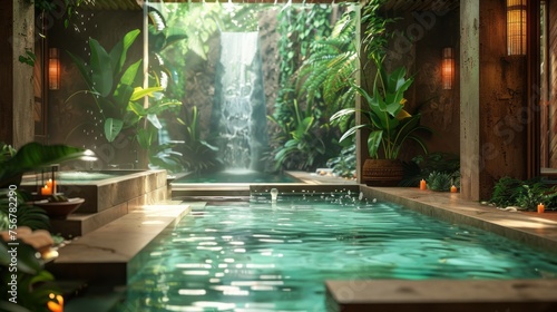 Exotic spa setting with tropical elements  promising an escape to a world of pampering and bliss