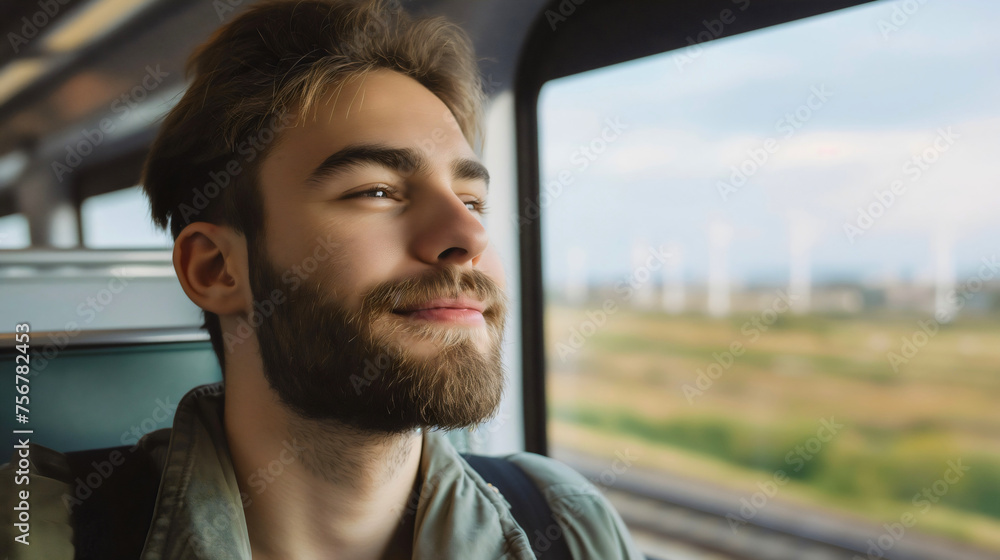 Fototapeta premium Closeup of the handsome young man traveling by a train, male person transportation, wearing a backpack, looking through the window at the beautiful nature and scenery in the rural countryside