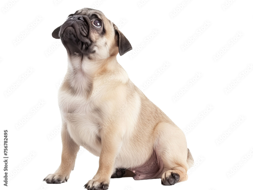 pug looking up, closeup sideview cutout portrait isolated on transparent background