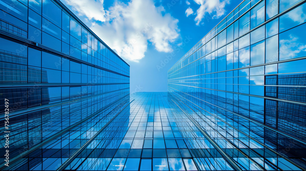Low angle photography of the tall city skyscrapers, glass buildings, corporate company business architecture, daytime blue sky. Modern and urban construction, clouds reflection on the windows