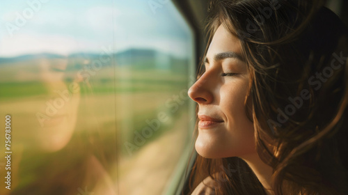 Closeup of the handsome young man traveling by a train, male person transportation, wearing a backpack, looking through the window at the beautiful nature and scenery in the rural countryside