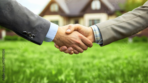 Handshake between the two businessmen in elegant suits in front of the new house or home with grass yard. Agreement on a meeting for investment and cooperation, buying or selling property, mortgage