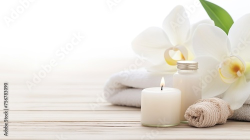 Spa accessories installed in a day spa hotel, health and beauty center. Spa products - towels, candles, aroma oils are placed in a luxury spa salon ready for massage, spa treatments