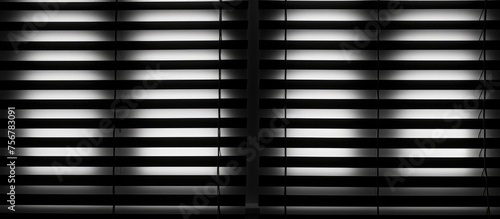 A monochrome image showcasing a symmetrical arrangement of blinds on a window, creating a striking pattern within the rectangular frame