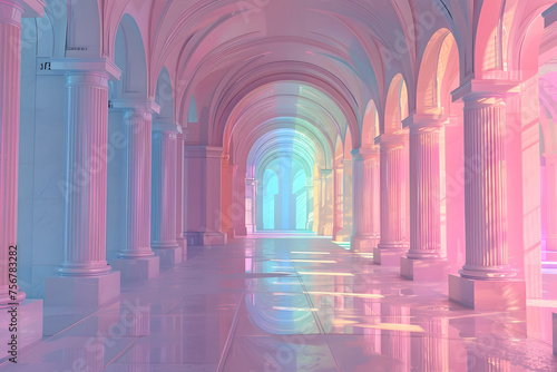 Pastel pink and blue corridors of a magnificent building.