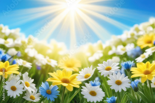 A lush and vibrant card with spring flowers in delicate pastel colors  blue  white  green and yellow. Sun rays on flowers. Space for text  2 3 free space.