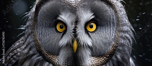 A close up of a screech owls face, a terrestrial animal in the Falconiformes order. With its distinctive yellow eyes and sharp beak, this bird of prey is known for its haunting gaze