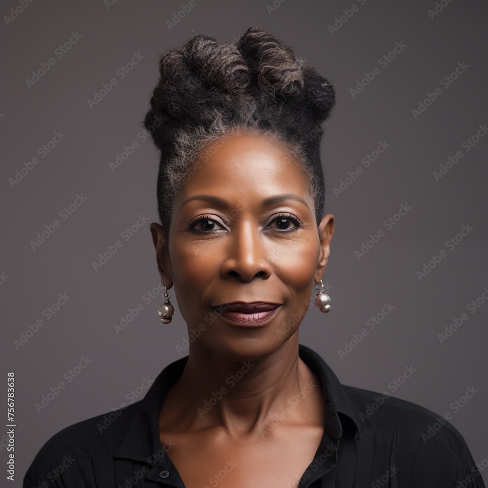 Image of a mature black woman with a bun hairstyle, photographed against a gray backdrop in a studio setup Image of a mature black woman with a bun hairstyle, photographed against a gray backdrop in a studio setup
