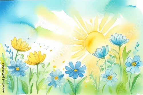 A bright and vibrant card with spring flowers in delicate pastel colors  blue  white  green and yellow  made in watercolor. Sun rays on flowers. Space for text  2 3 free space.