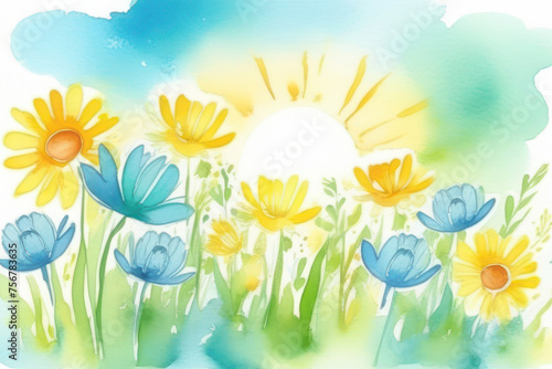 A bright and vibrant card with spring flowers in delicate pastel colors  blue  white  green and yellow  made in watercolor. Sun rays on flowers. Space for text  2 3 free space.