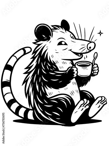 Coloring book image. Possum drinks tea. Vector, generative ai.