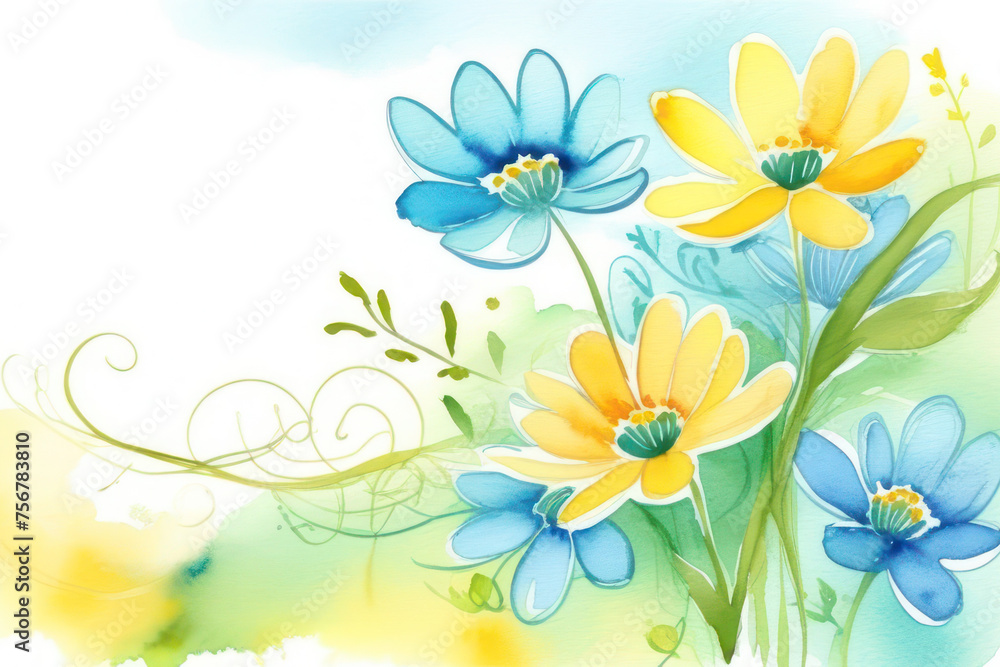 A bright and vibrant card with spring flowers in delicate pastel colors, blue, white, green and yellow, made in watercolor. Sun rays on flowers. Space for text, 2/3 free space.