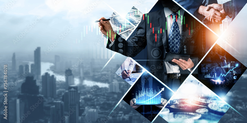 Futuristic business digital financial data technology concept for future big data analytic and business intelligence research for businessman analyst invest decisions making panoramic banner kudos - obrazy, fototapety, plakaty 