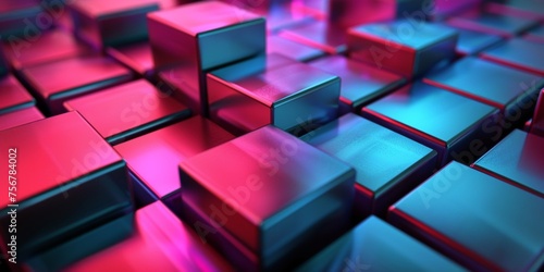 A close up of a metallic cube with a blue and red background - stock background.