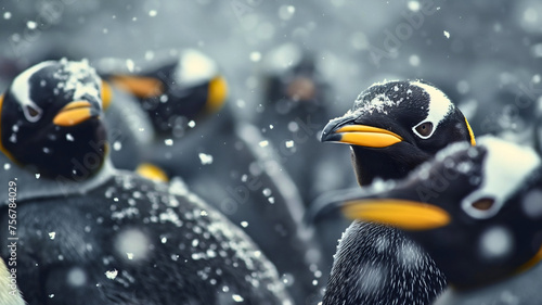 Closeup photography of the group of black and white polar emperor penguin birds, flock or colony of animals in the snowy wilderness in winter cold weather outdoors in Antarctica photo