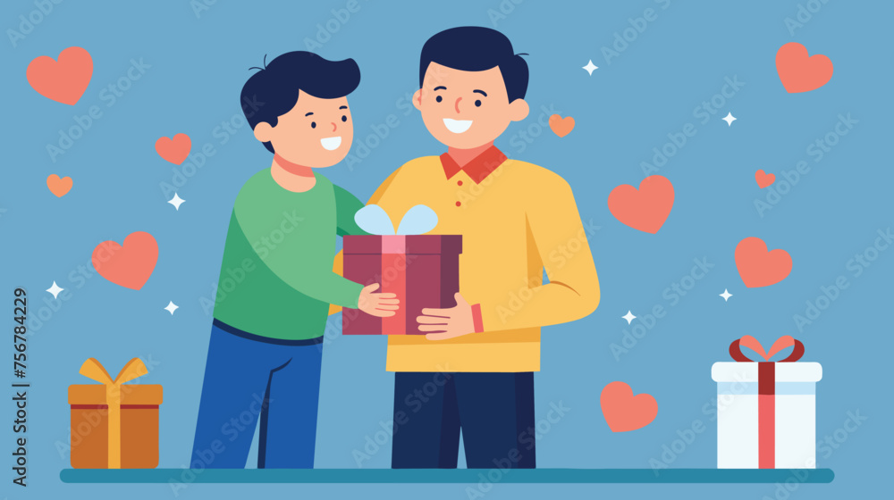 Father and Son Sharing a Gift Amid Hearts Father and Son Sharing a Gift Amid Hearts
