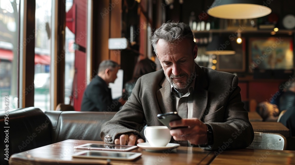 businessman sitting in bar with laptop