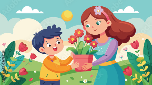 Young Boy Receiving Flower Pot From Woman in Sunny Garden
