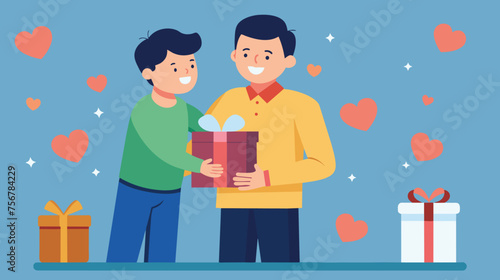 Father and Son Sharing a Gift Amid Hearts