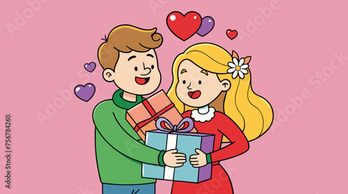 Man Giving Woman a Gift With Hearts on Pink Background