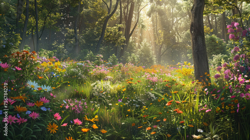 Wildflower Meadow: Capture a clearing in the forest carpeted with colorful wildflowers, with sunlight filtering through the trees and casting a warm glow on the vibrant blooms. Generative AI photo