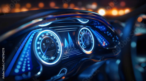 Closeup of the digital blue dashboard display or screen in the car interior, automobile transportation speedometer instrument panel inside, details with indication lamps