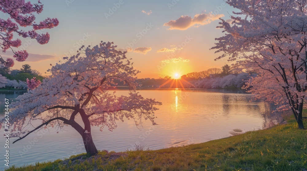 A serene sunset over a lake surrounded by blooming cherry trees. A serene sunset over a lake surrounded by blooming cherry trees.