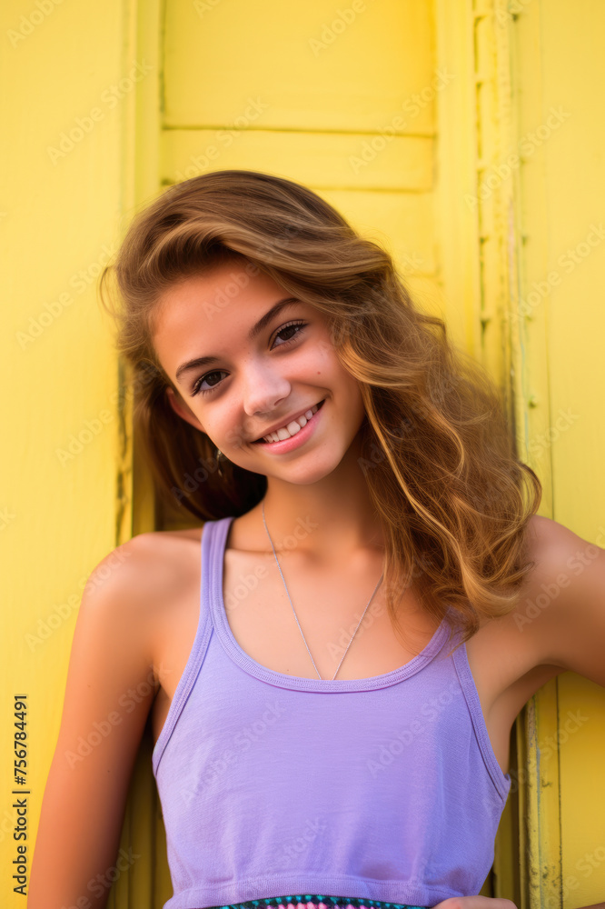 Fototapeta premium Young girl with radiant smile against vibrant yellow door, wearing a purple tank top.