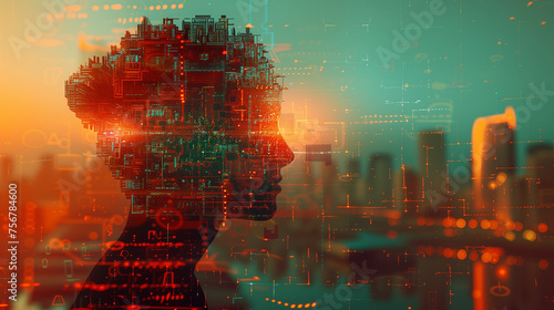 silhouette construction element form in human head shape, overlapping against orange and teal cityscape. technology and new world development concept #756784600