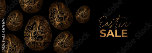Easter sale luxury banner. Golden painted easter eggs. Template with patterned eggs