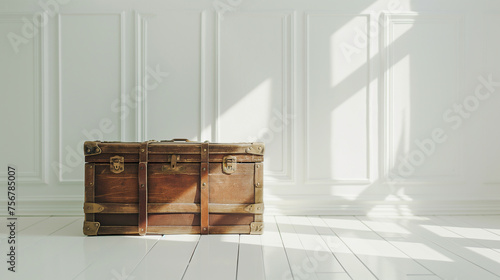 old steamer trunk stands in an empty white room with cassettes wall cladding, natural light through a window and wooden floor