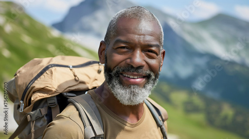 Closeup portrait of the handsome old African American man, senior male pensioner hiking, wearing backpack, walking on the green meadows in mountain range nature outdoors in the summer, and smiling
