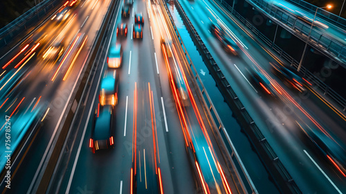 Aerial or drone view of the cars passing by on the highway, automobiles driving on a freeway, blurred in motion at dark nighttime. City road traffic speed line, fast travel in evening, long exposure